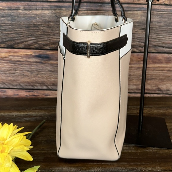 Kate Spade Staci Bag Purse Leather Laptop Tote in Tan, White & Black Color Block - Picture 3 of 11